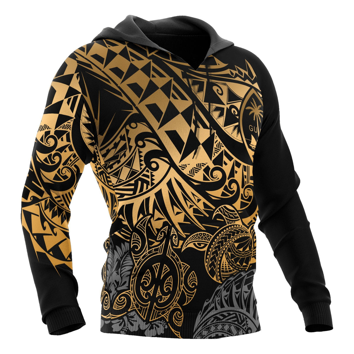 Guam Polynesian Hoodie Gold Turtle Flowing - Polynesian Pride