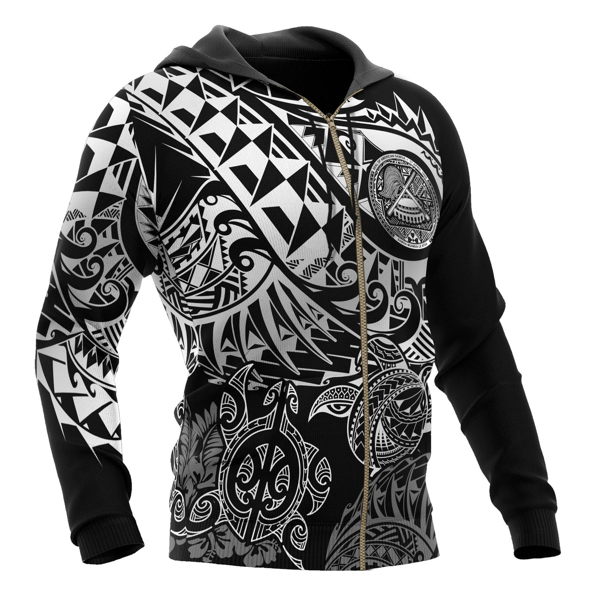 American Samoa Polynesian Zip up Hoodie White Turtle Hibiscus Flowing - Polynesian Pride
