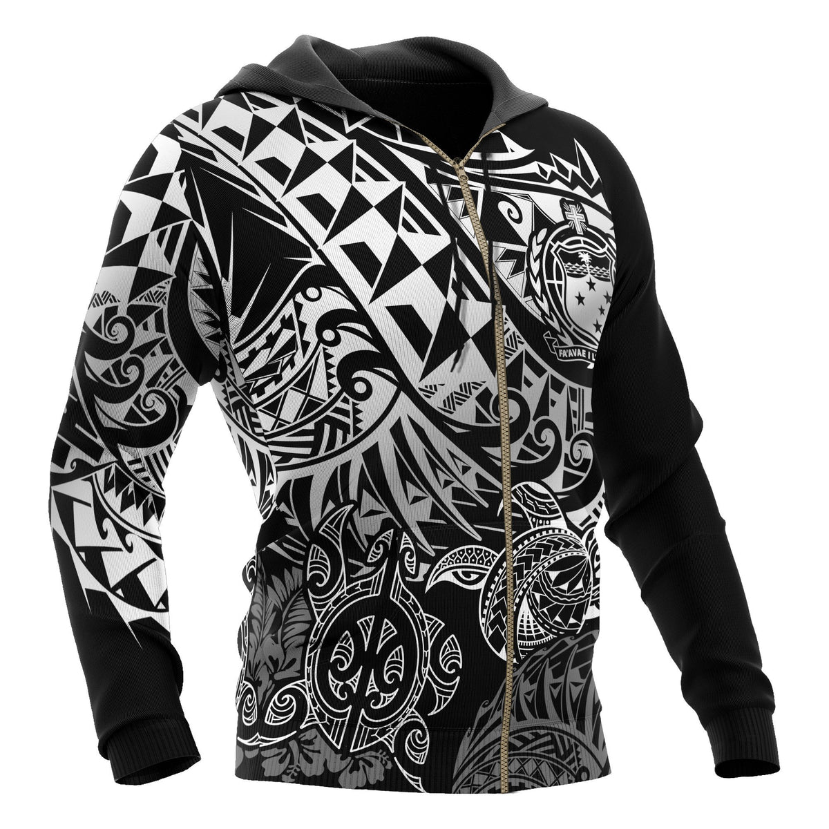 Samoa Polynesian Zip up Hoodie White Turtle Flowing - Polynesian Pride