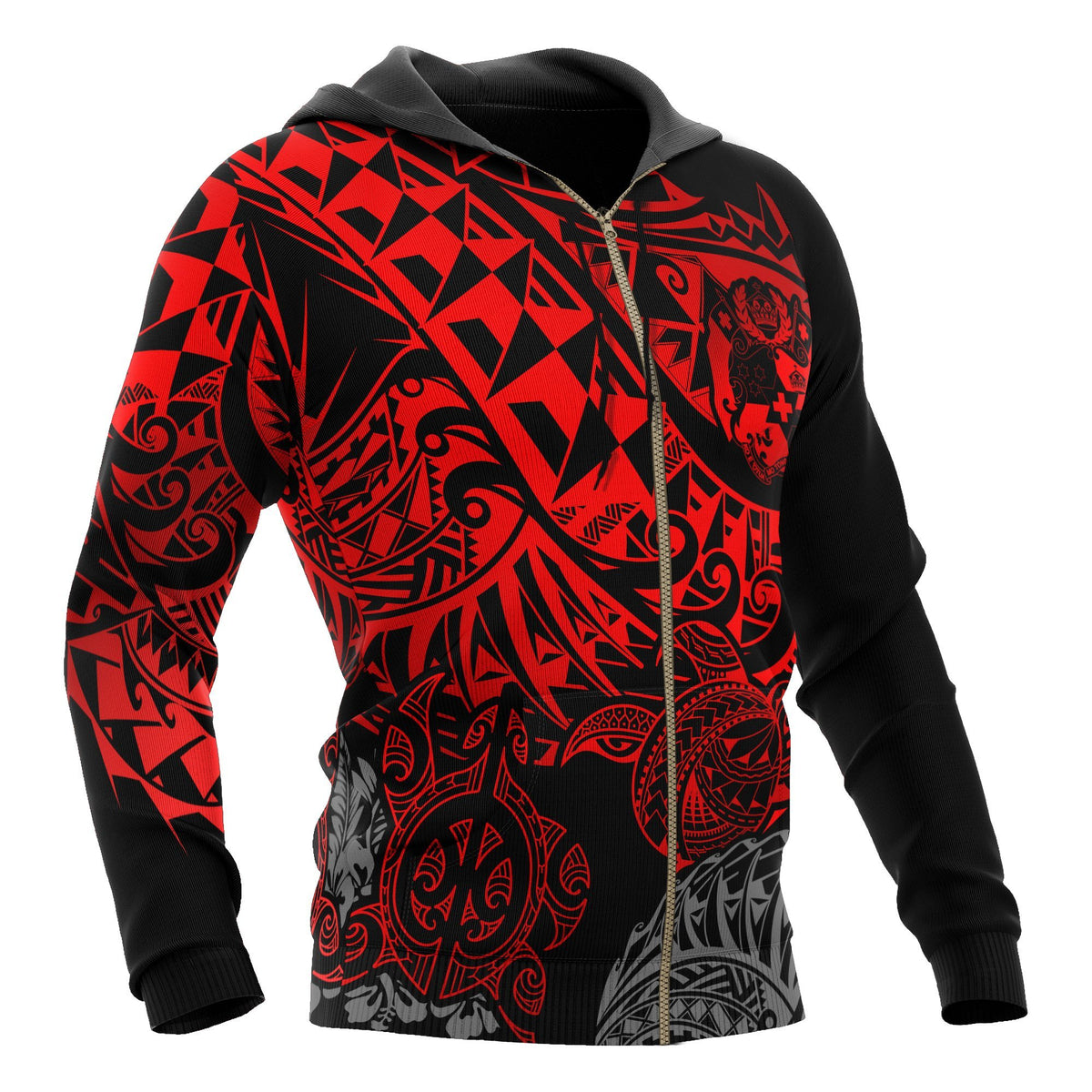 Tonga Polynesian Zip up Hoodie Red Turtle Flowing - Polynesian Pride