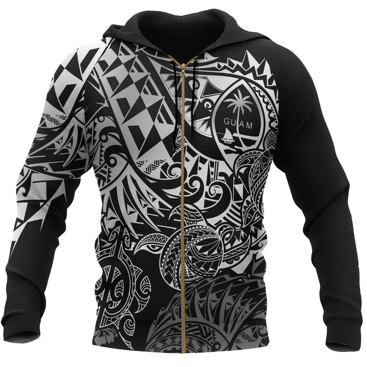 Guam Polynesian Zip up Hoodie White Turtle Flowing Unisex White - Polynesian Pride