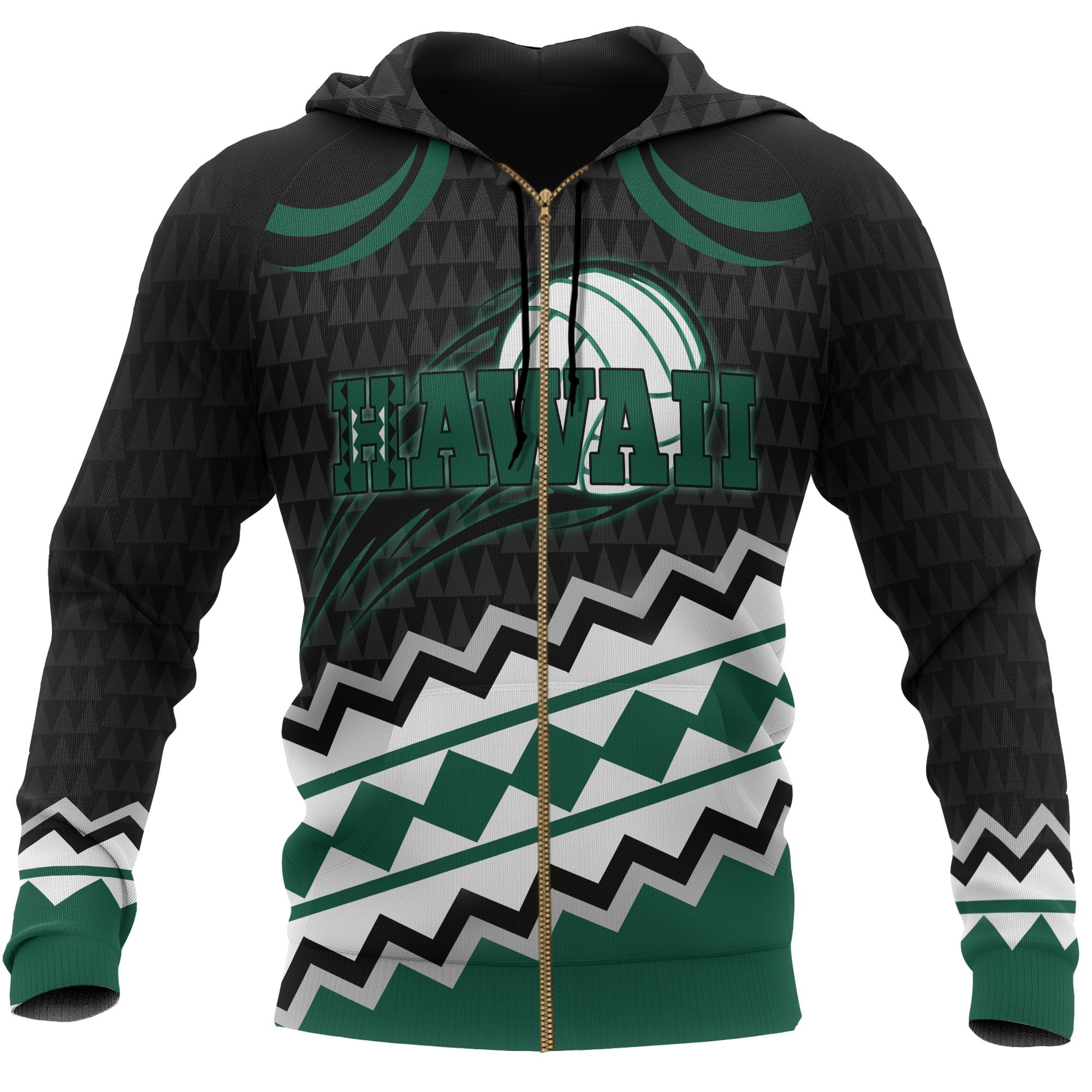 Polynesian Hawaii Zip up Hoodie Volleyball Spirit Unisex Green - Polynesian Pride