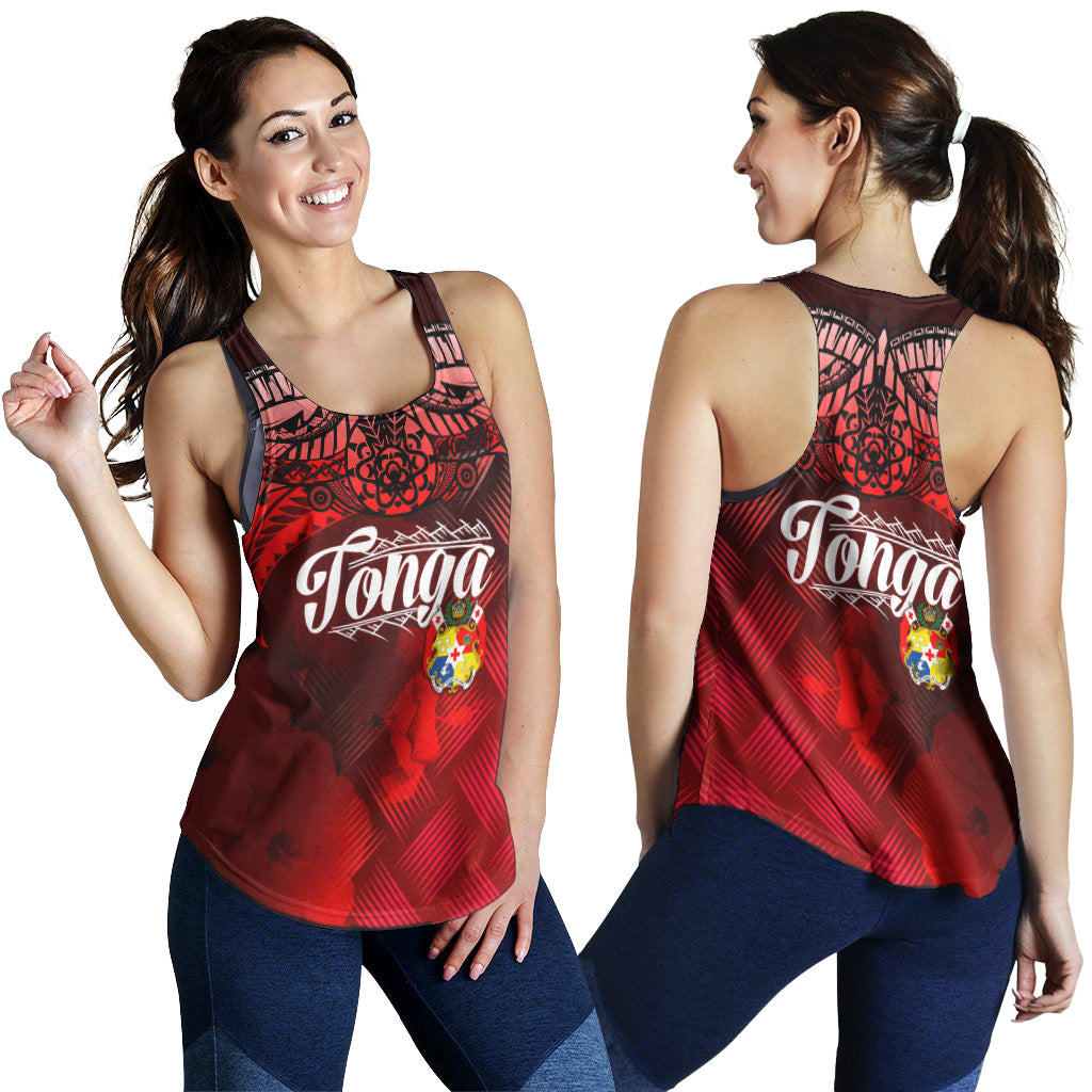Tonga Polynesian Racerback Women Tank - Tonga Coat Of Arms With Lauhala Tribal Pattern - Polynesian Pride