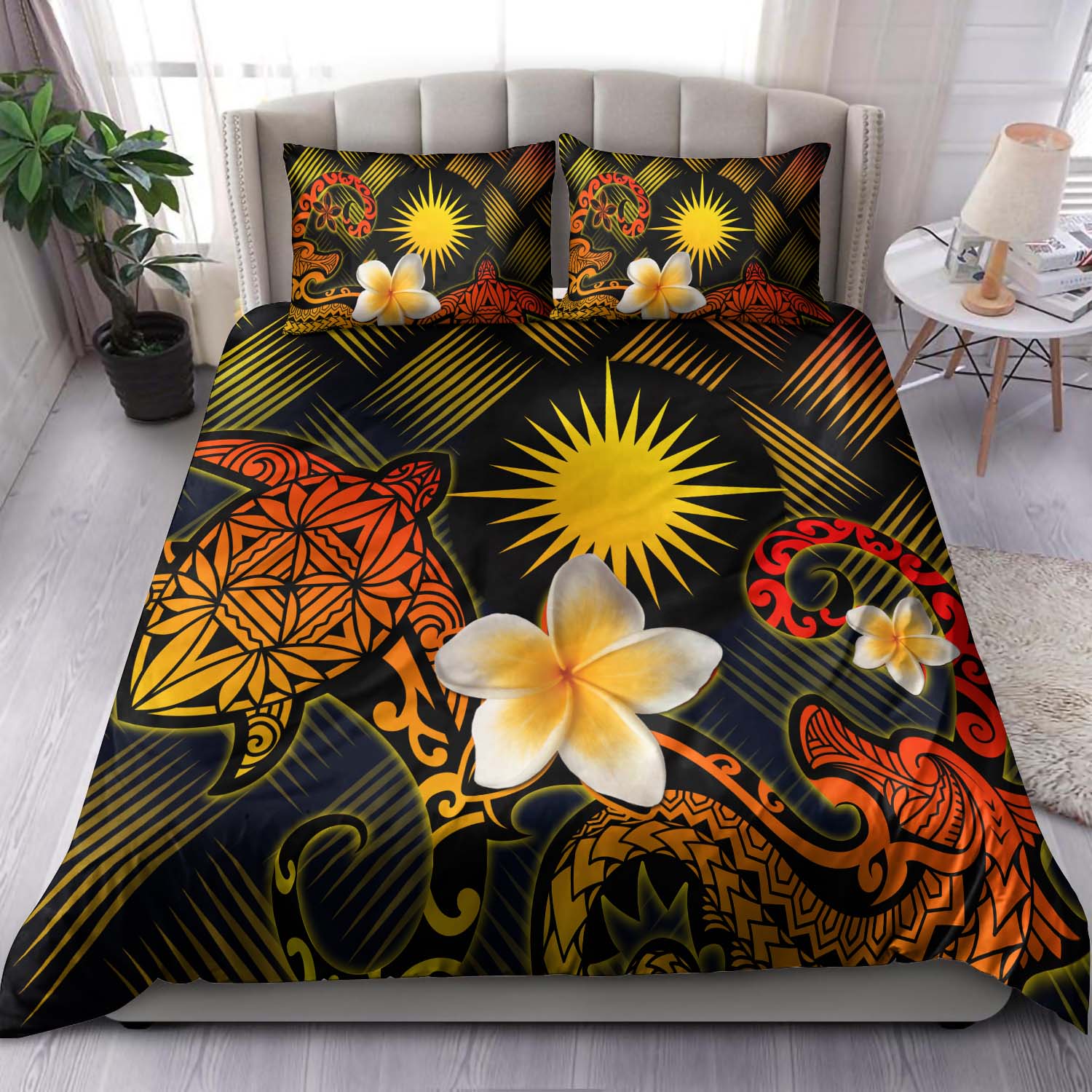 Marshall Islands Polynesian Bedding Set - Lauhala Turtle Plumeria Tropical Black - Polynesian Pride