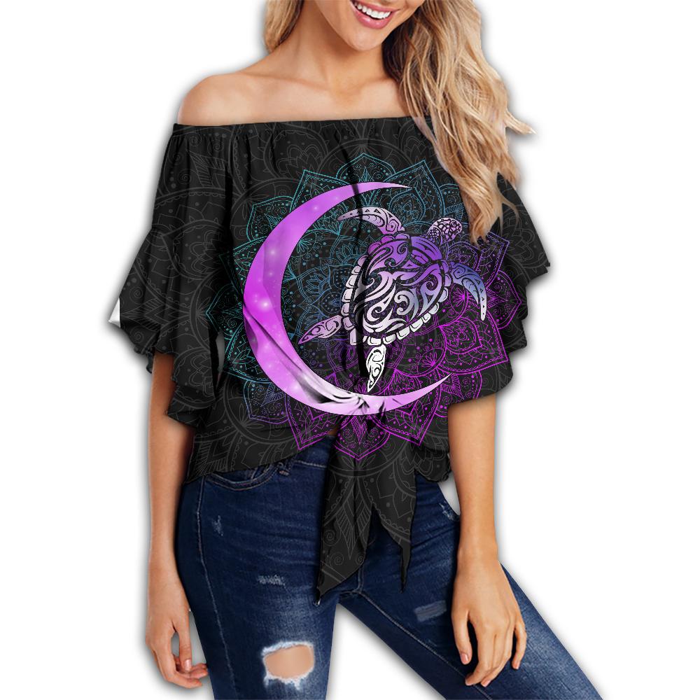 Hawaii Turtle Mandala Off Shoulder Waist Wrap Top - Galaxy Purple - AH Female Black - Polynesian Pride