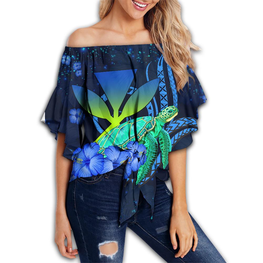 Hawaii Turtle Hibiscus Polynesian Off Shoulder Waist Wrap Top - Jade Stone - AH Female Blue - Polynesian Pride