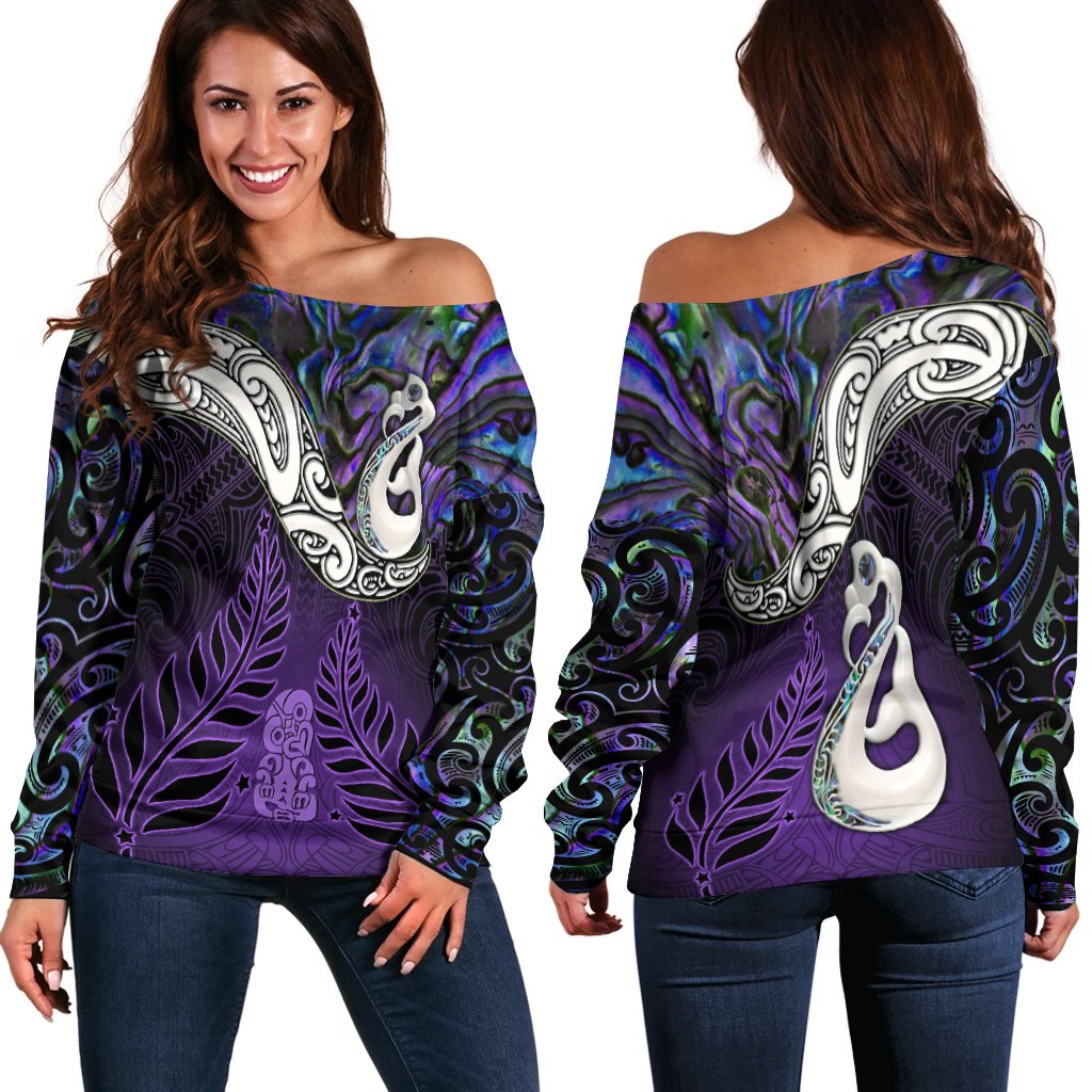 New Zealand Maori Off Shoulder Sweater - Manaia Paua Shell Glitter Purple LT4 Purple - Polynesian Pride