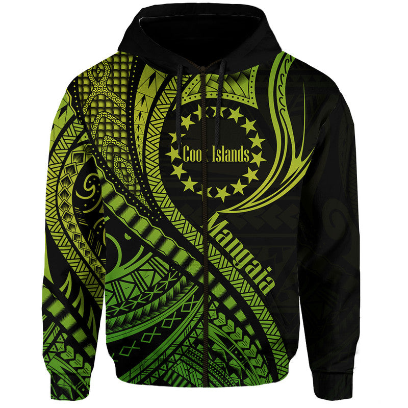 Custom Mangaia Cook Islands Hoodie Green Polynesian Wave Style LT9 Zip Hoodie Green - Polynesian Pride