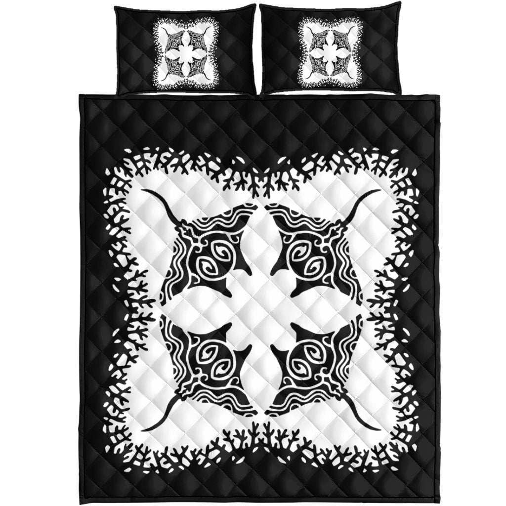 Hawaii Quilt Bed Set - Manta Ray Quilting Style Quilt Bed Set - AH Black - Polynesian Pride