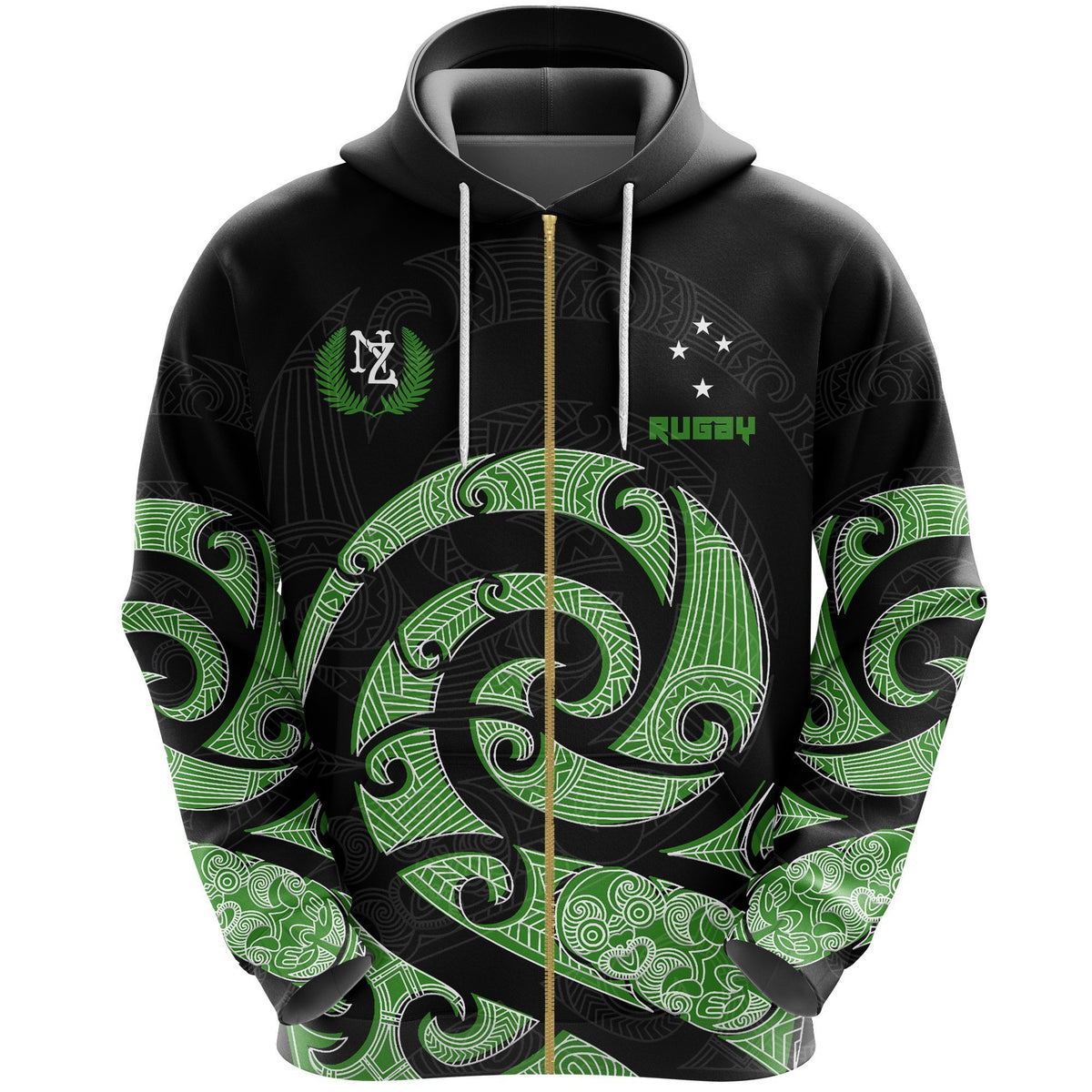 New Zealand Maori Rugby Kirituhi Tattoo Zip Hoodie Unisex Black - Polynesian Pride