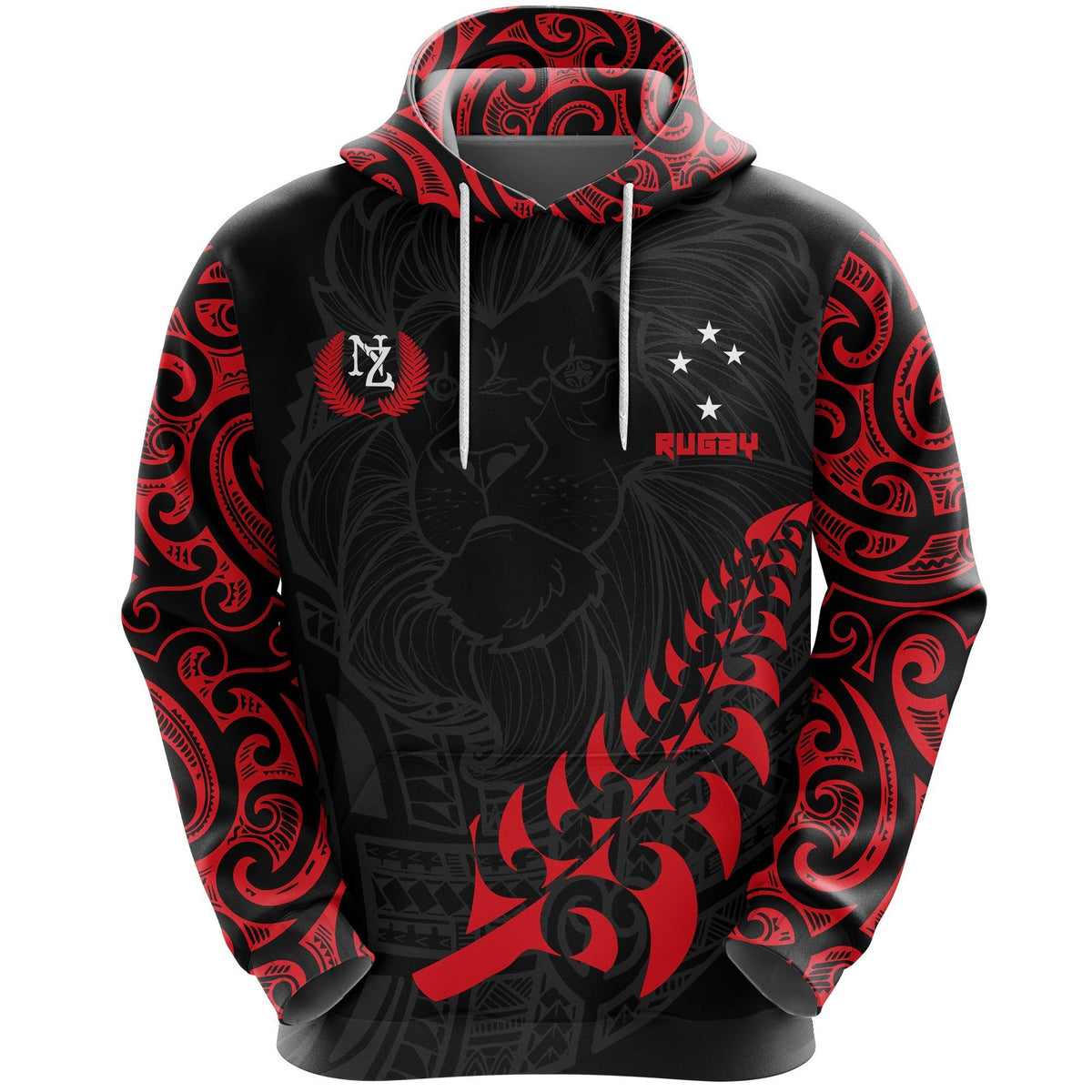 New Zealand Maori Lion Rugby Hoodie Red Unisex Black - Polynesian Pride