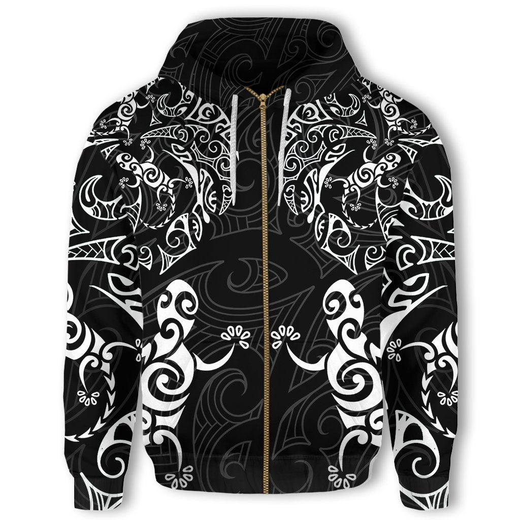 New Zealand Maori Hoodie, Lizard Tattoo Zip up Hoodie Unisex Black - Polynesian Pride