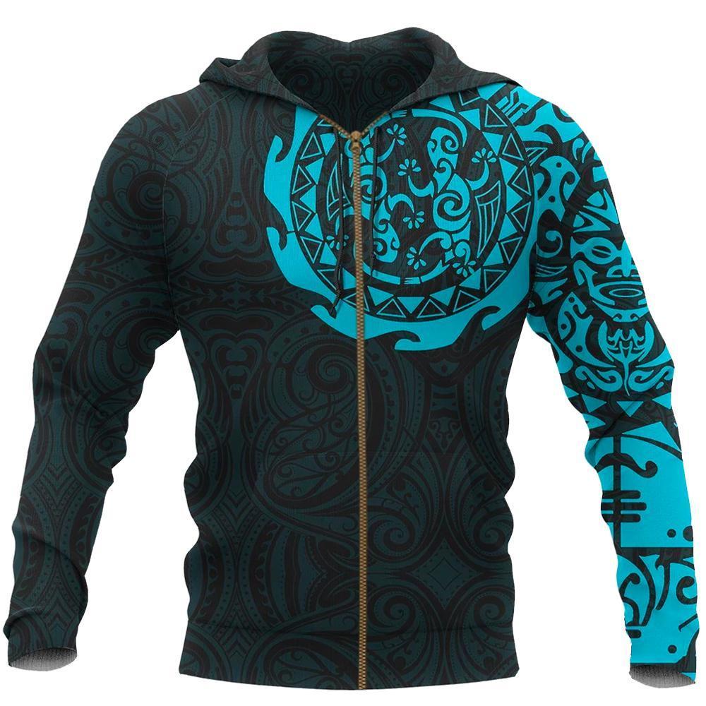 Maori Tangaroa Tattoo New Zealand Zip Hoodie Blue Unisex Black - Polynesian Pride