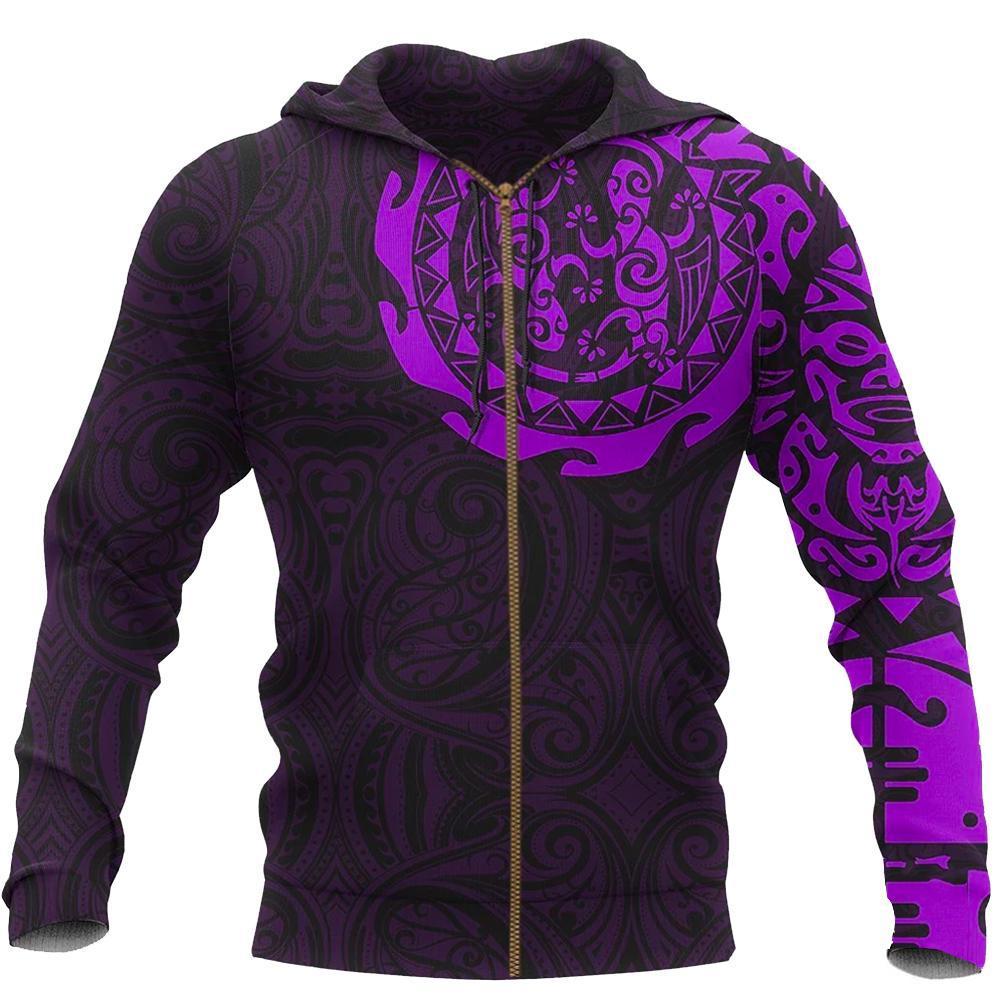 Maori Tangaroa Tattoo New Zealand Zip Hoodie Purple Unisex Black - Polynesian Pride
