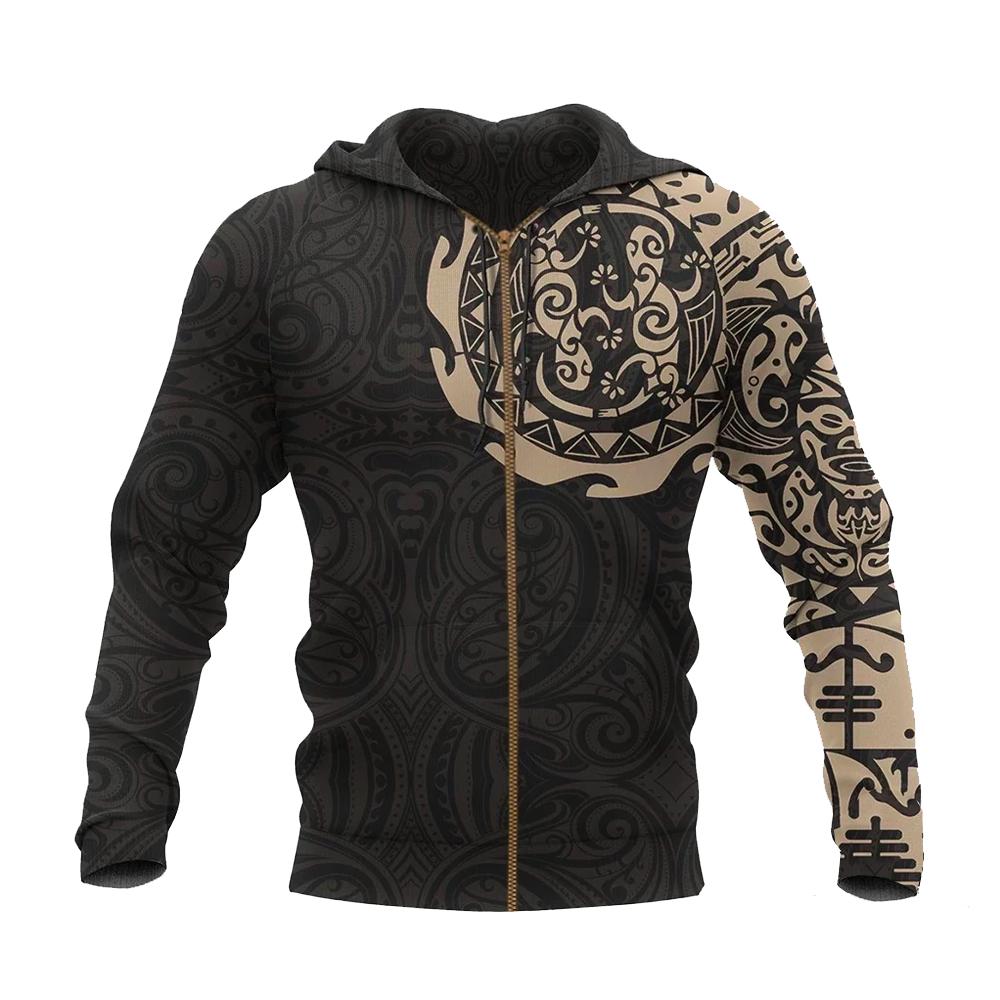 Maori Tattoo Hoodie, New Zealand Lizard Zip up Hoodie Tan Unisex Black - Polynesian Pride