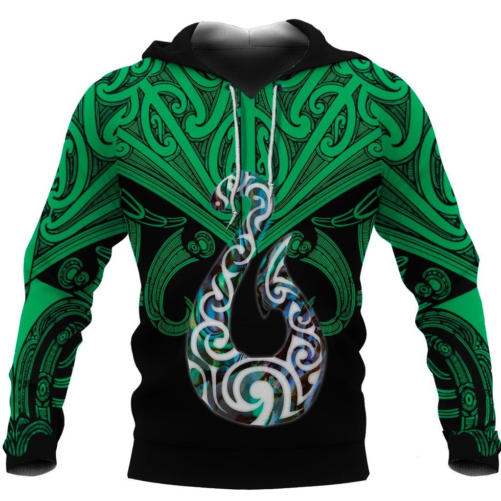 Maori Tattoo Hoodie Hei Matau Abalone Green Unisex Green - Polynesian Pride