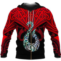 Maori Tattoo Zip Hoodie Hei Matau Abalone Red Unisex Red - Polynesian Pride