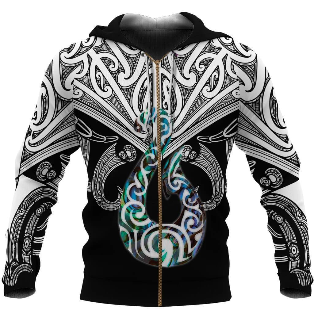 Maori Tattoo Zip Hoodie Hei Matau Abalone White Unisex White - Polynesian Pride