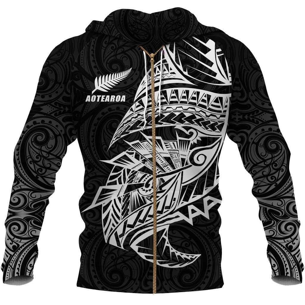 New Zealand Zip up Hoodie, Maori Tattoo Zipper Hoodie Polynesian Style Unisex White - Polynesian Pride