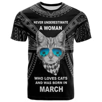 Polynesian T Shirt A Woman Who Loves Cats And Was Born In March Unisex Black - Polynesian Pride
