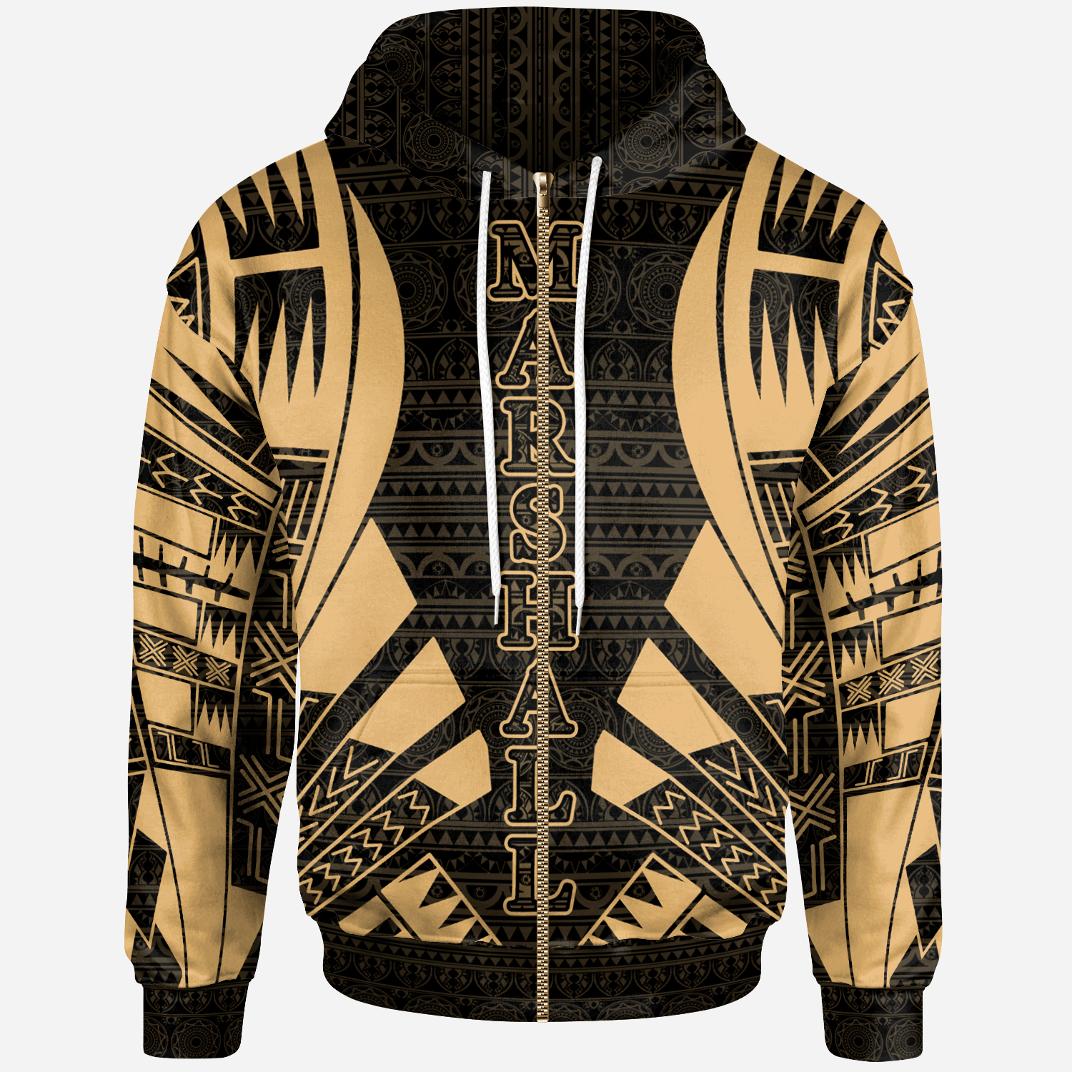 Marshall Islands All Over Zip up Hoodie Gold Tattoo Style Unisex Gold - Polynesian Pride
