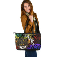 Marshall Islands Custom Personalised Leather Tote Bag - Rainbow Polynesian Pattern Crest Rainbow - Polynesian Pride
