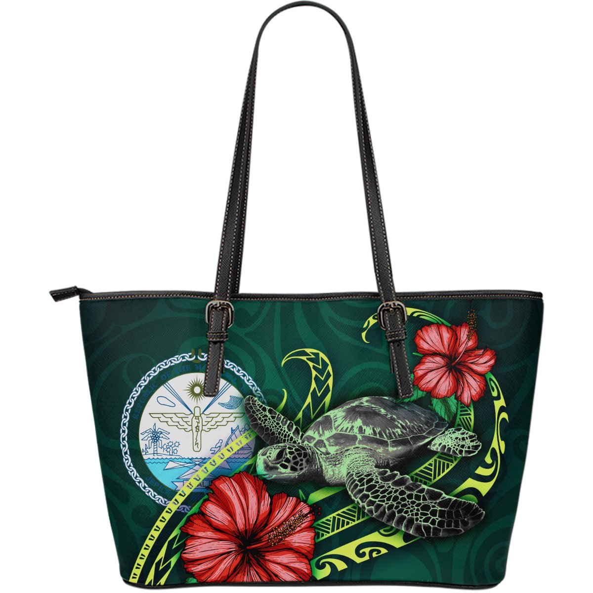 Marshall Islands Polynesian Leather Tote Bag - Green Turtle Hibiscus Green - Polynesian Pride