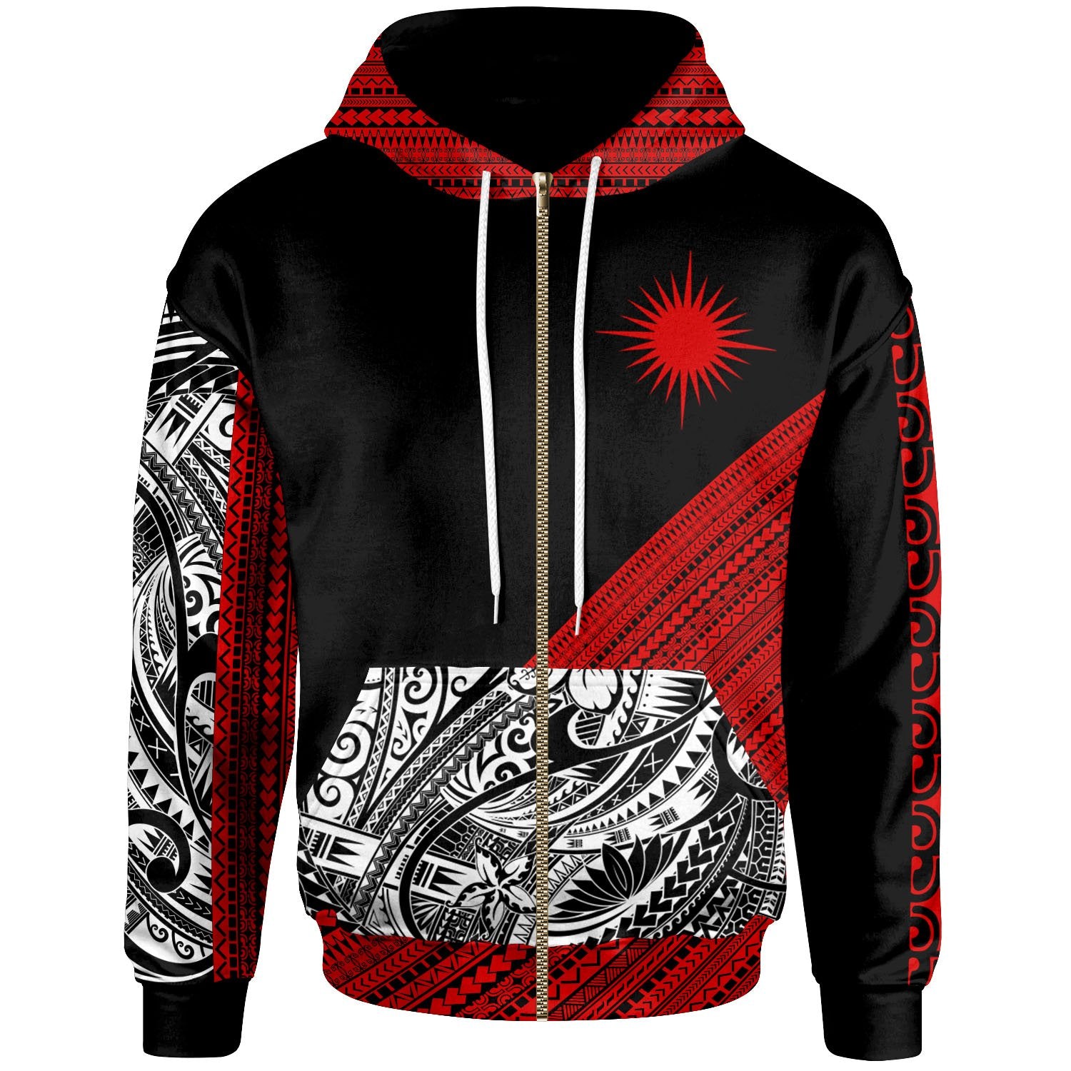 Marshall Islands Custom Zip Hoodie Polynesian Diagonal Pattern Red Unisex Red - Polynesian Pride