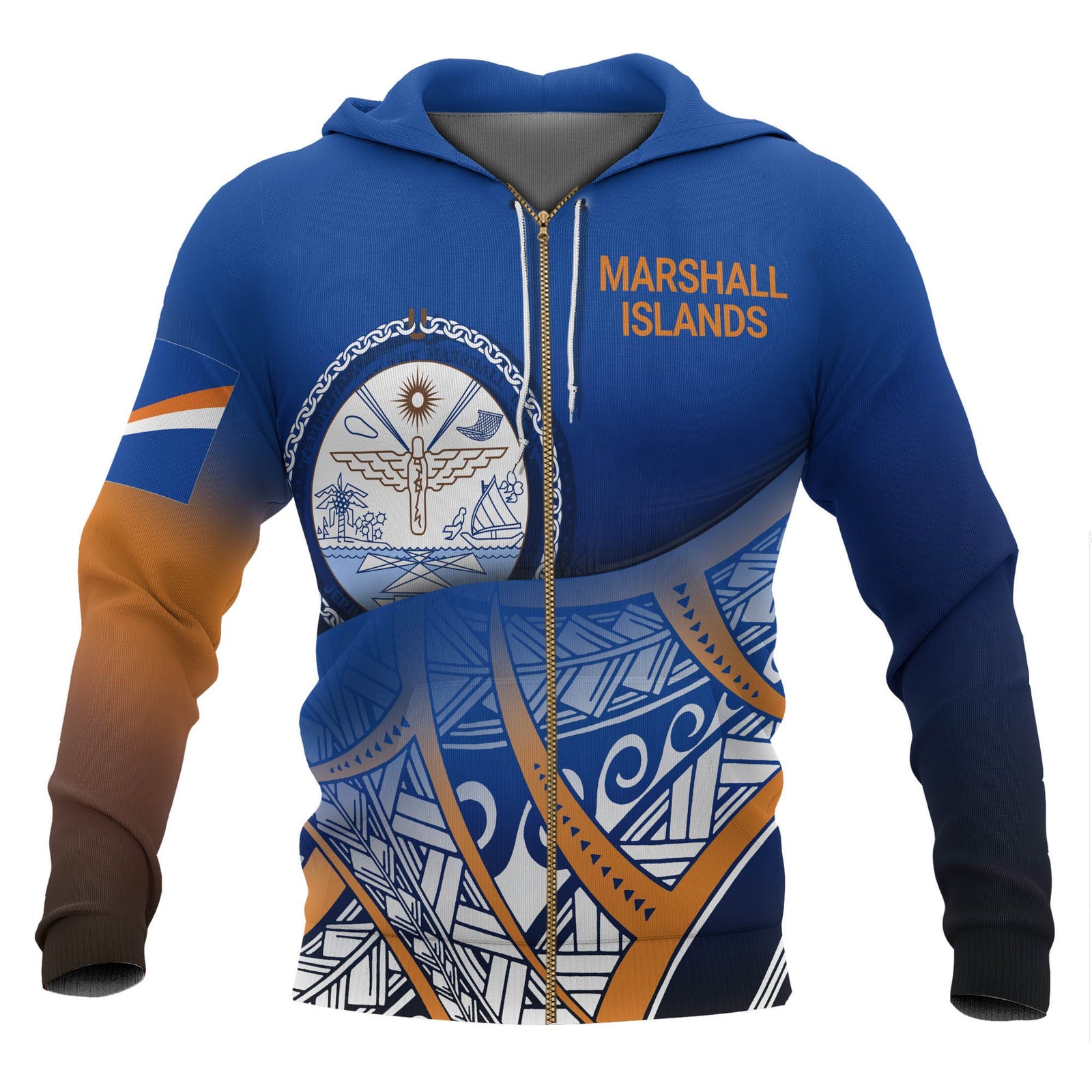 Marshall Islands Coat of Arms Zip up Hoodie Polynesian Pattern Unisex Blue - Polynesian Pride
