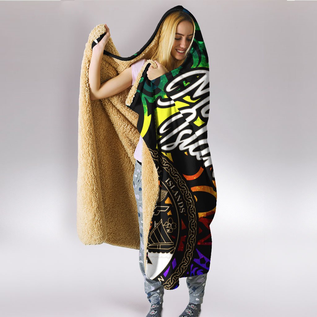 Marshall Islands Hooded Blanket - Rainbow Polynesian Pattern Crest - Polynesian Pride