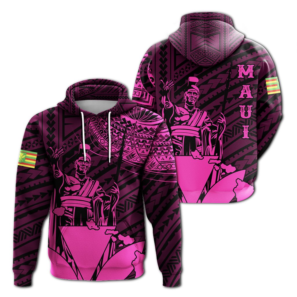 Hawaiian King Kanaka Map Polynesian Maui Hoodie Pink Hala Style Unisex Pink - Polynesian Pride