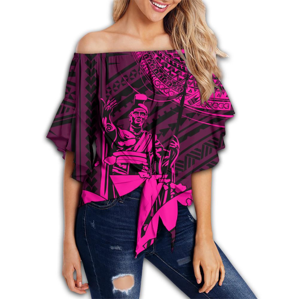 Hawaiian King Kanaka Map Polynesian Maui Women's Off Shoulder Wrap Waist Top - Pink - Hala Style - AH Female Pink - Polynesian Pride