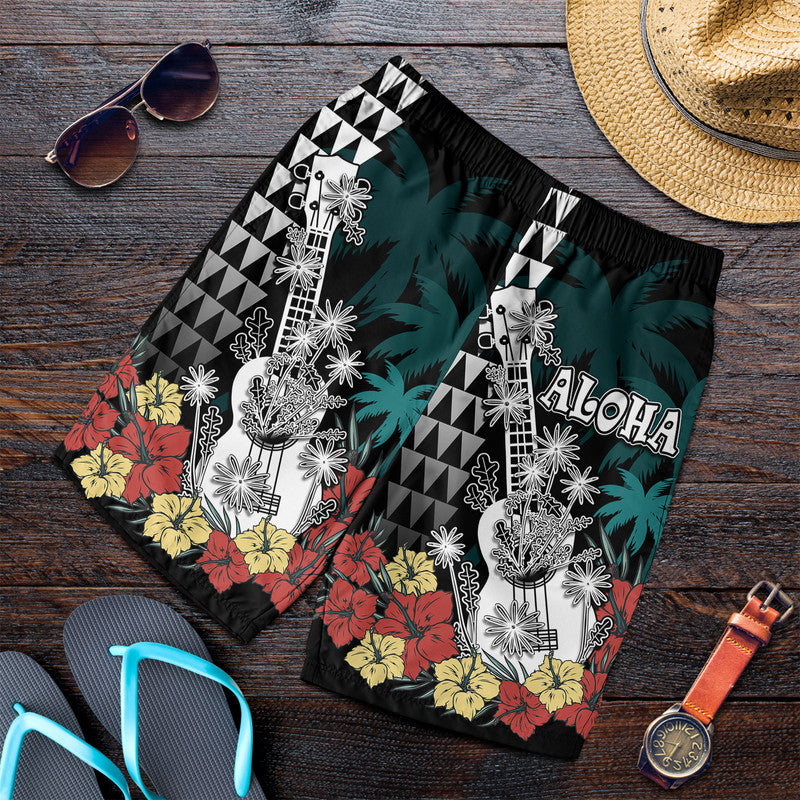 Hawaii Ukulele Mix Hibiscus and Coconut Tree Men Short Aloha Vintage Black Version LT9 Black - Polynesian Pride