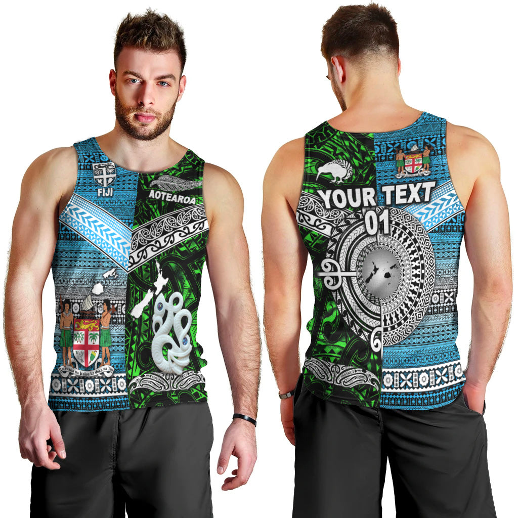 (Custom Personalised) New Zealand Maori Aotearoa Fiji Tapa Together Men Tank Top - Green, Custom Text And Number LT8 Green - Polynesian Pride