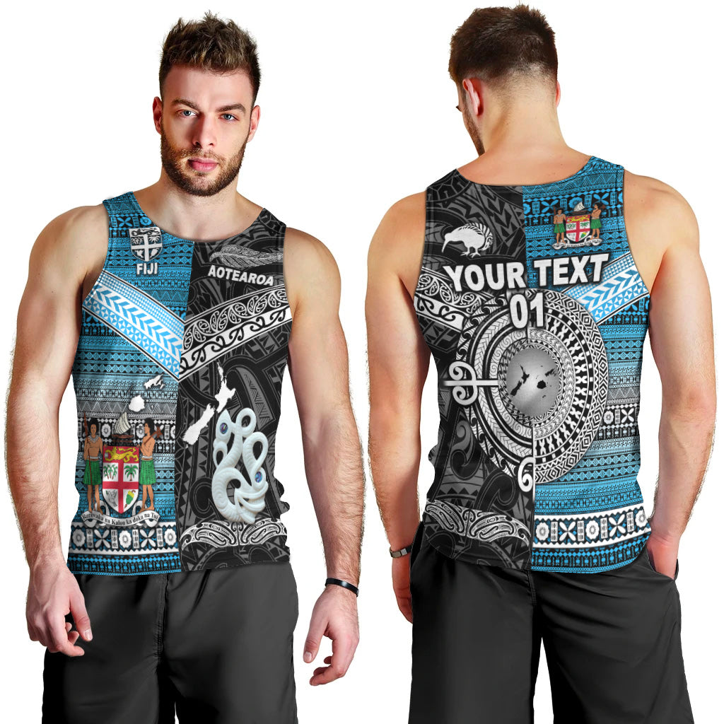 (Custom Personalised) New Zealand Maori Aotearoa Fiji Tapa Together Men Tank Top - Black, Custom Text And Number LT8 Black - Polynesian Pride