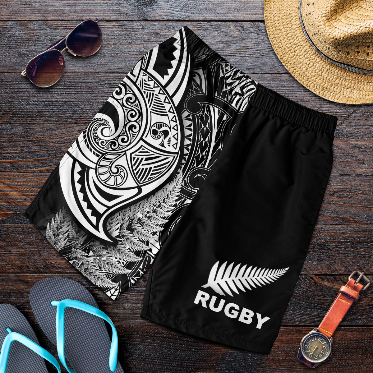 Maori Rugby Men Short Tattoo Mix Fern Leaf LT6 Black - Polynesian Pride