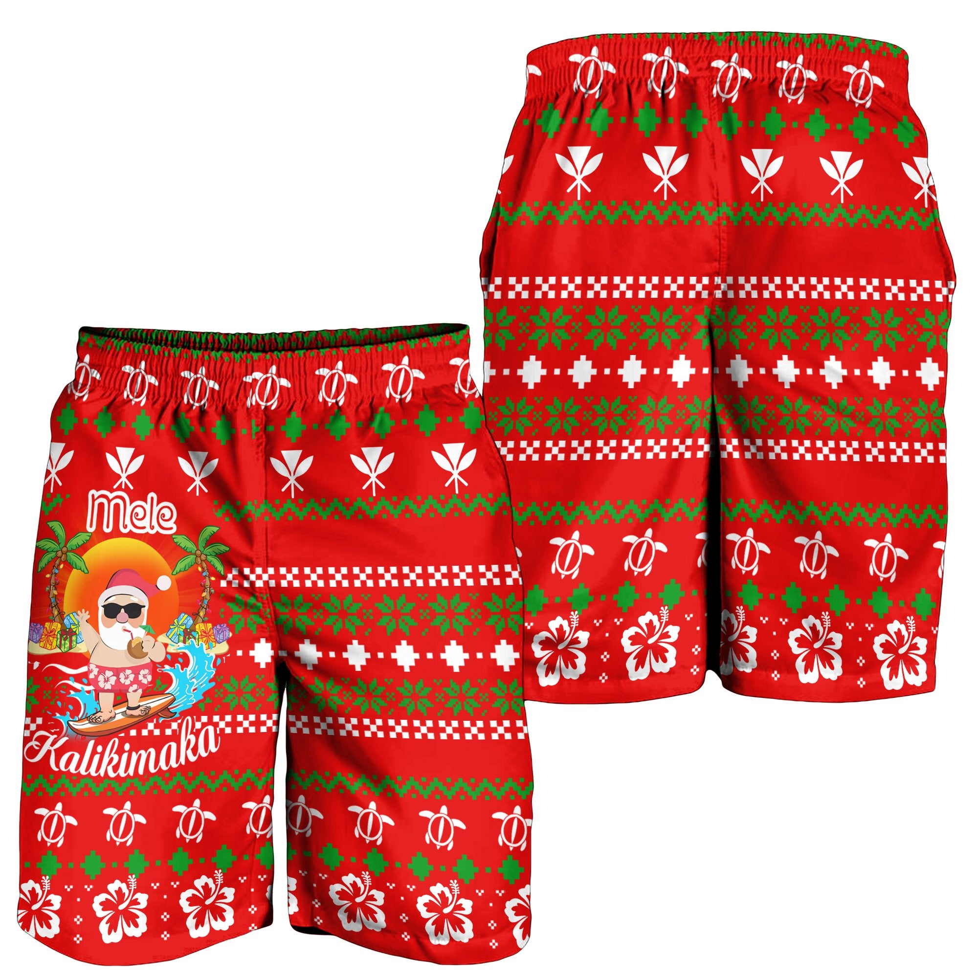 Hawaiian Santa Claus Mele Kalikimaka Men's Shorts - Aviv Style - Red - AH Red - Polynesian Pride