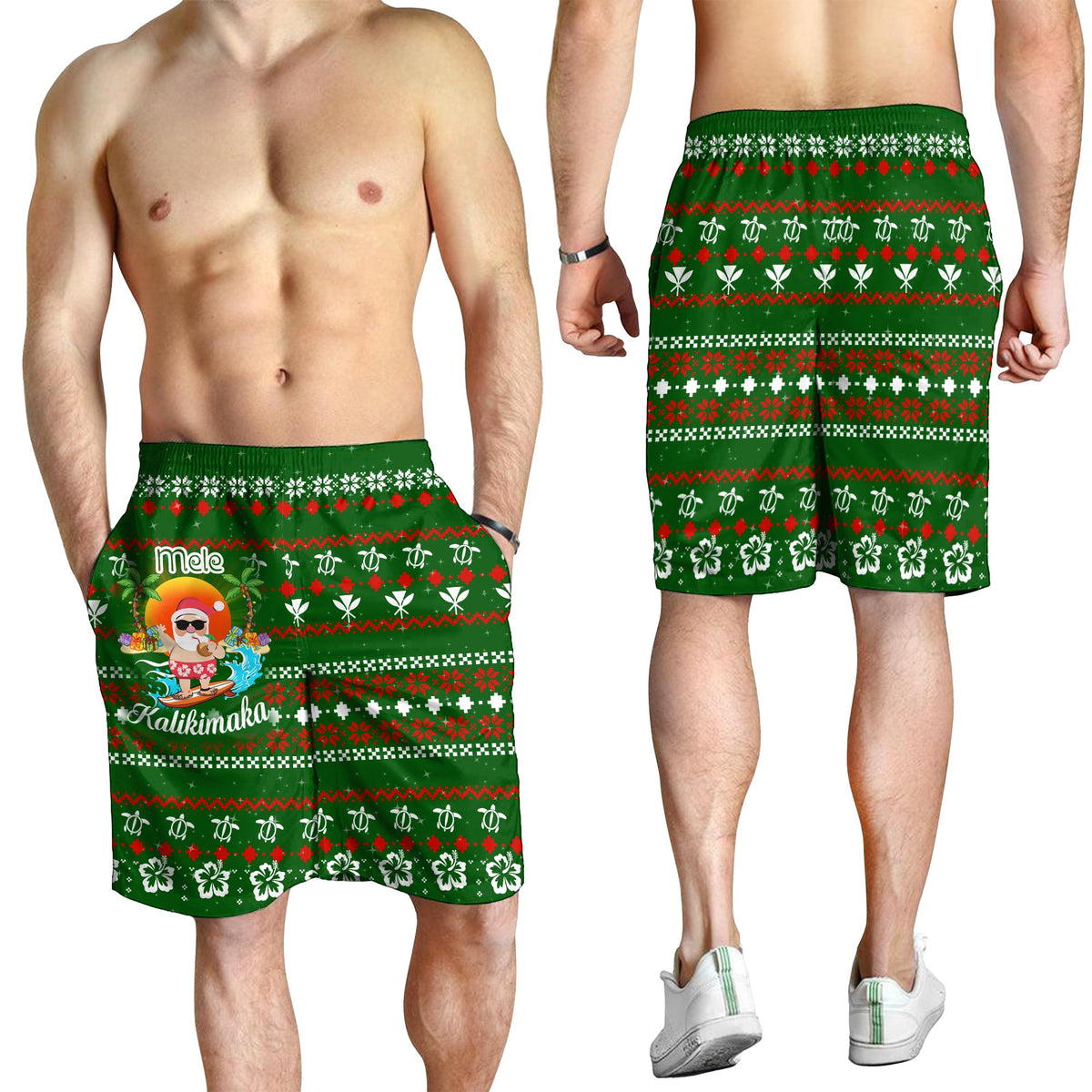 Hawaiian Santa Claus Mele Kalikimaka Men's Shorts - Aviv Style - Green - AH - Polynesian Pride