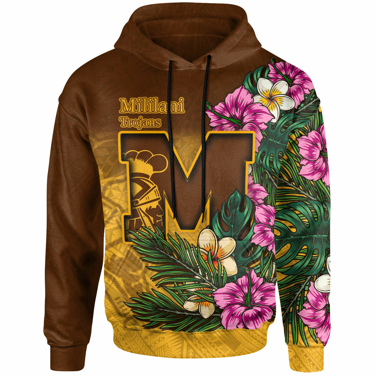 Hawaii Custom Hoodie Mililani Trojan High School Hawaiian Tropical Flowers Hoodie LT10 Brown - Polynesian Pride