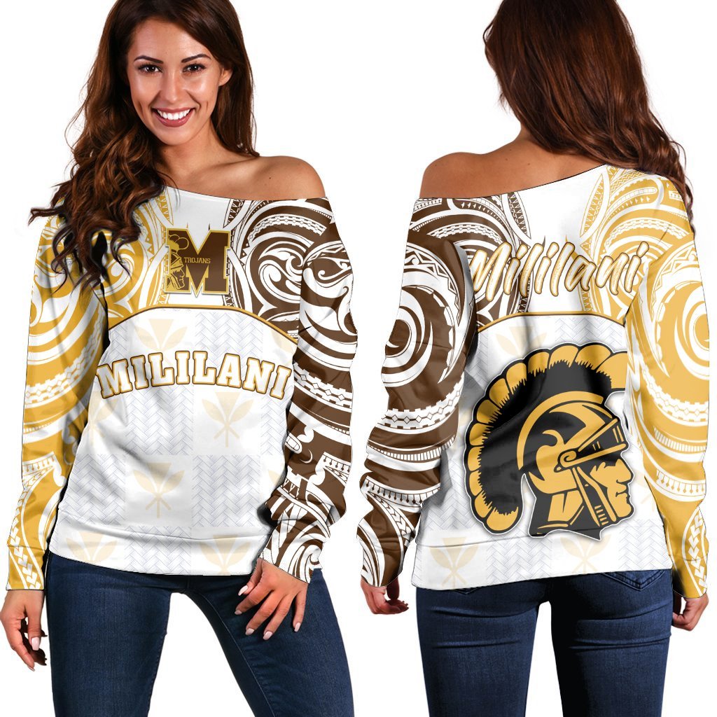 Hawaii - Kanaka Mililani High School Off Shoulder Sweater Demodern Style AH White - Polynesian Pride