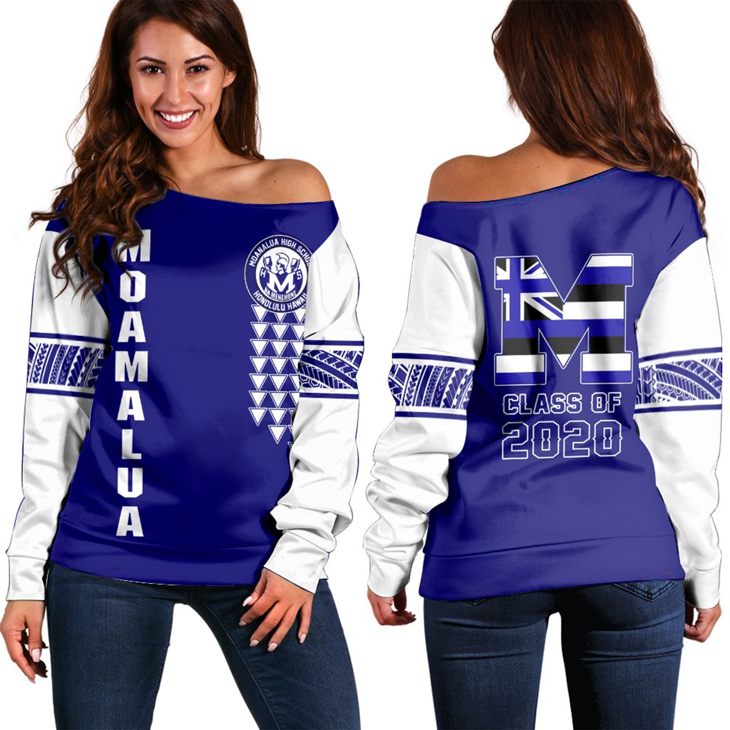 (Personalised) Hawaii - Moanalua High Custom Your Class Women's Off Shoulder Sweatshirt AH Blue - Polynesian Pride