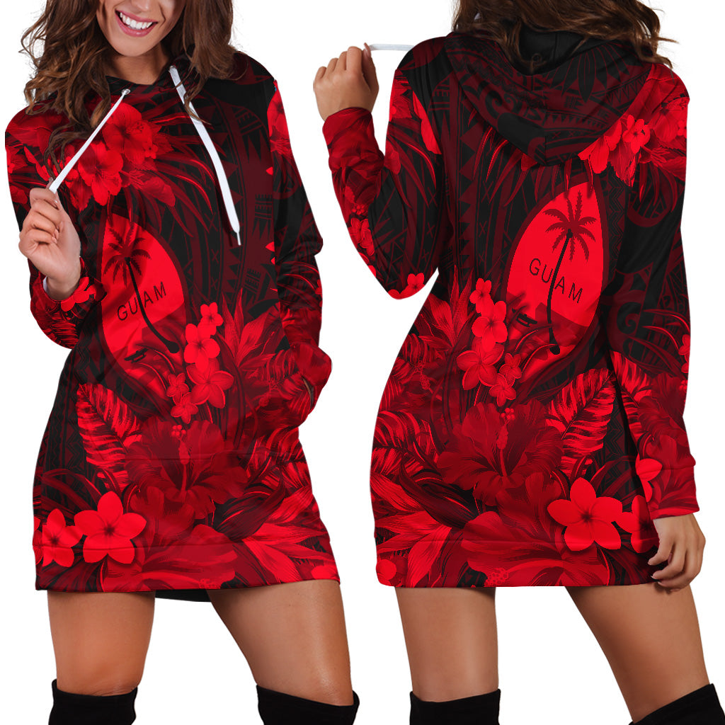 Guam Polynesian Hoodie Dress Tropical Flowers - Red LT8 - Polynesian Pride