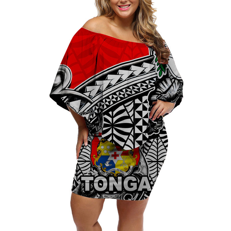 Tonga Hook Tattoo Off Shoulder Short Dress White LT6 Women Red - Polynesian Pride