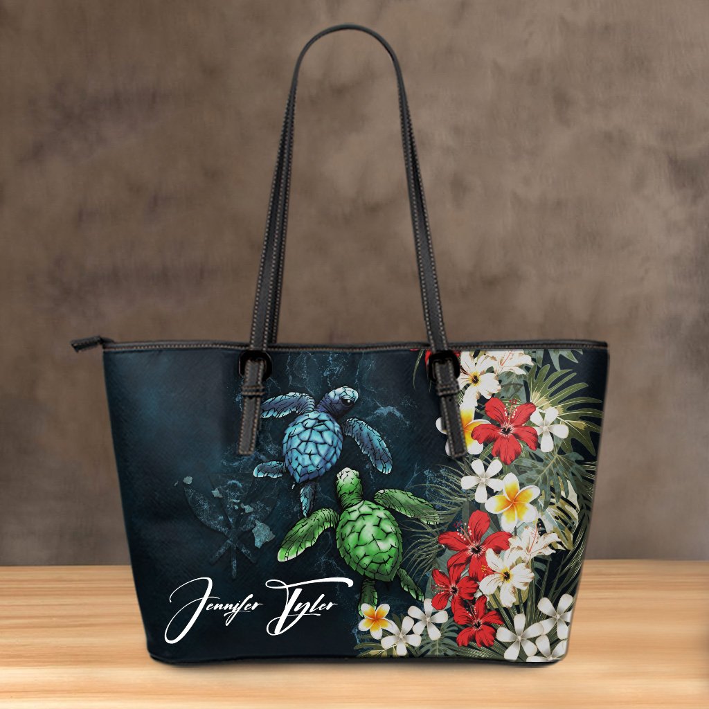 (Custom) Kanaka Maoli (Hawaiian) Leather Tote - Sea Turtle Tropical Hibiscus And Plumeria Personal Signature - Polynesian Pride