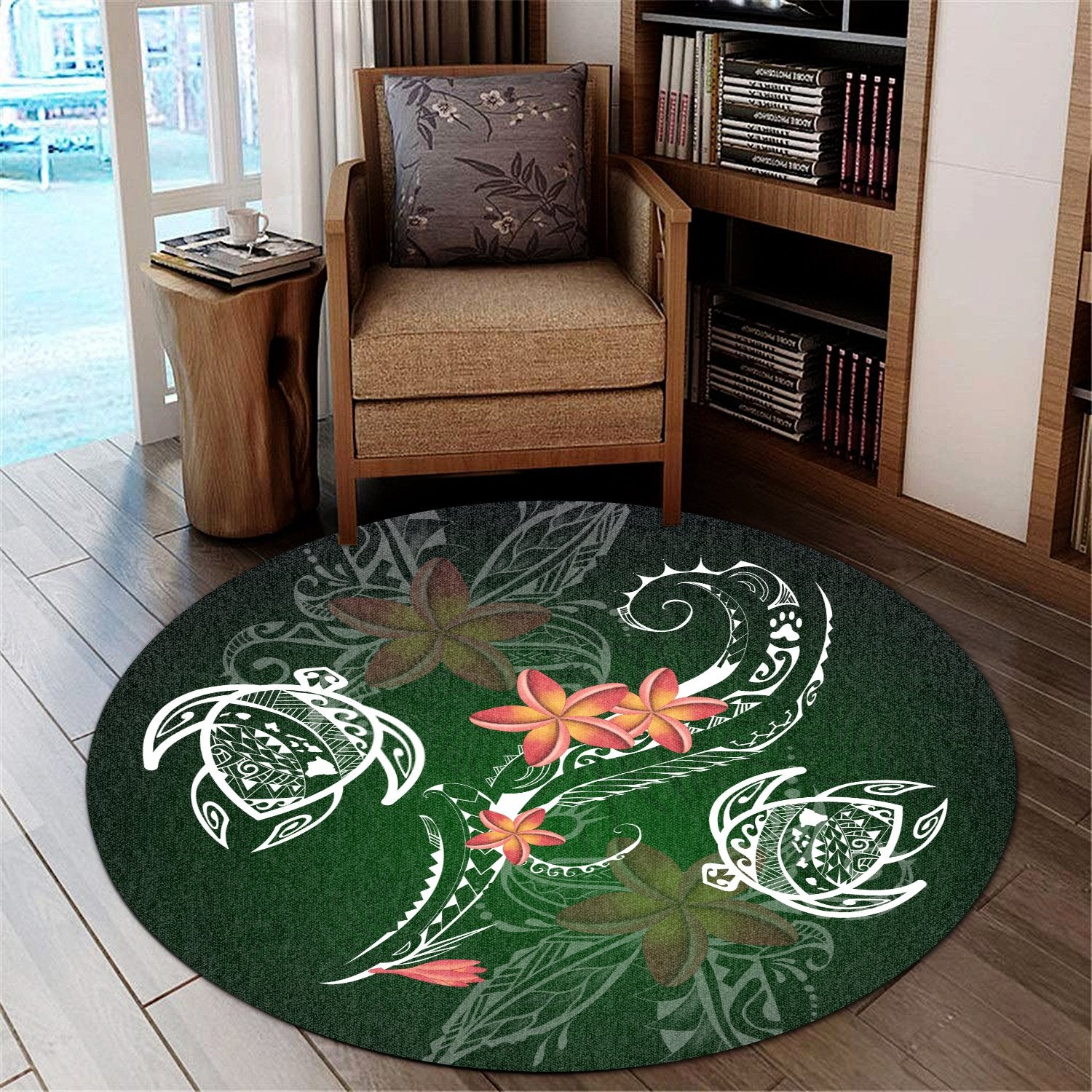 Hawaii Turtle Plumeria Polynesian Round Carpet - Luck Style - AH Round Carpet Green - Polynesian Pride