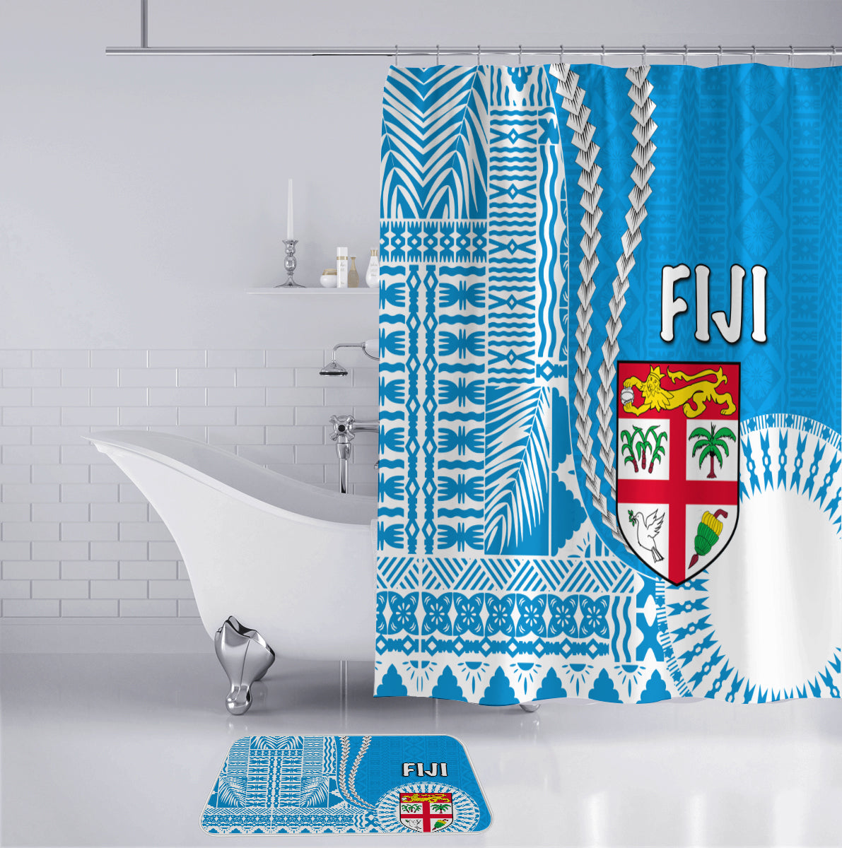 Fiji Bathroom Set Masi Tapa Patterns Blue Style LT6 - Polynesian Pride