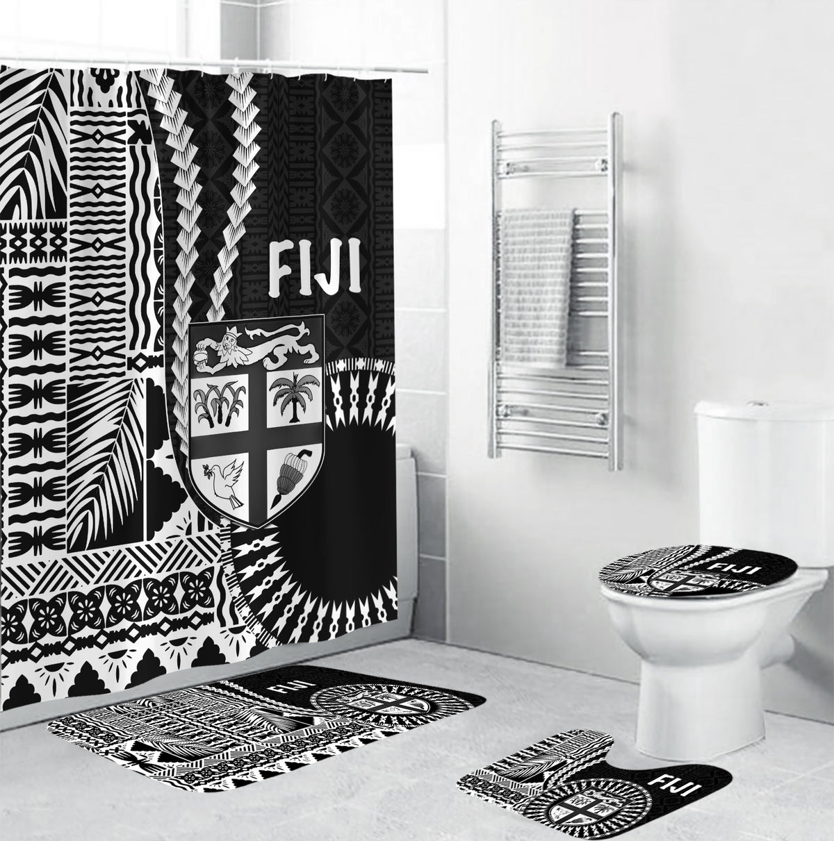Fiji Bathroom Set Masi Tapa Patterns Black Style LT6 - Polynesian Pride