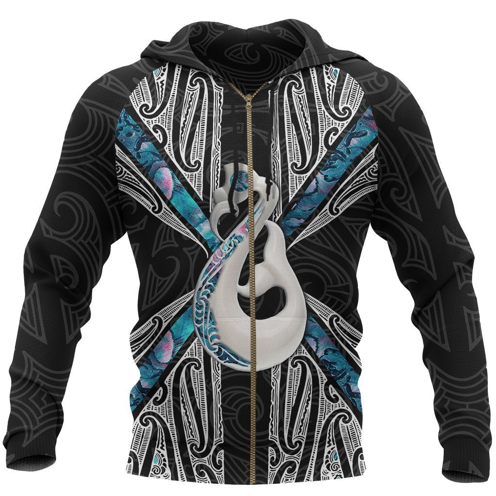 Maori Moko Tattoo Zip Hoodie, Manaia Paua Shell Full Zip Hoodie Unisex Black - Polynesian Pride