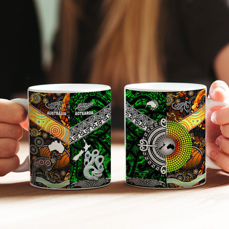 New Zealand Maori Aotearoa And Australia Aboriginal Mug Together - Green LT8 One Size 11oz size Green - Polynesian Pride