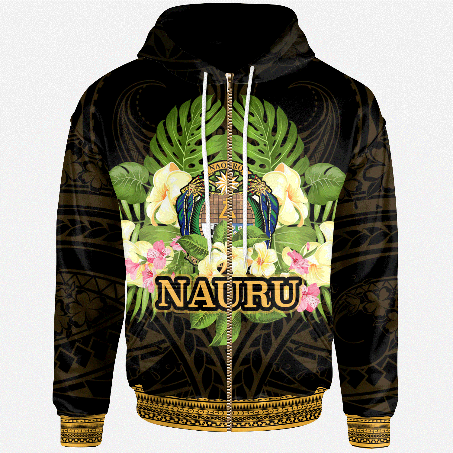 Nauru Zip Hoodie Polynesian Gold Patterns Collection Unisex Black - Polynesian Pride